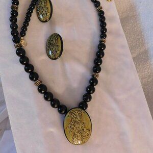 Ladies Leopard Designed Set of Pierced Earrings and Black Beaded Necklace